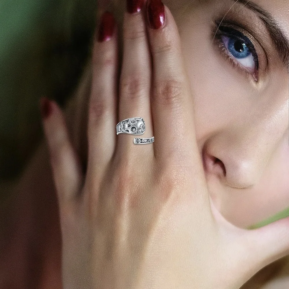 Silver Skull Spoon Ring with Floral Detail - Adjustable - Picture 5 of 6